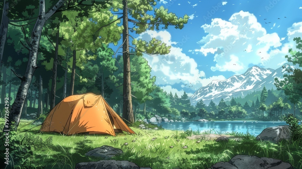 A beautiful lakeside campsite surrounded by trees and mountains.