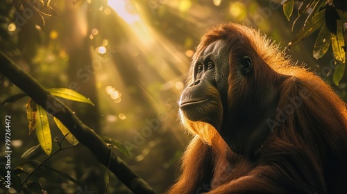 majestic bornean orangutan illuminated by warm sunbeams filtering through lush rainforest canopy wildlife photography