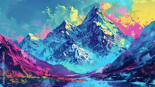majestic mountain landscape in vibrant colors 2d digital illustration nature concept art