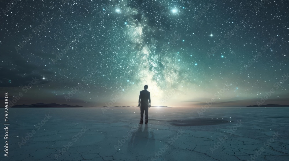 man standing in desert looking at heavens bright light in dark sky conceptual photograph
