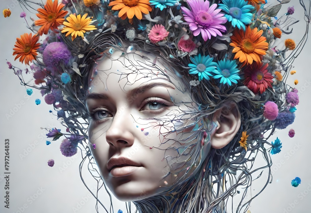 concept of nature into AI, flowers and plants on the head of an AI concept of nature into AI, flowers and plants on the head of an AI