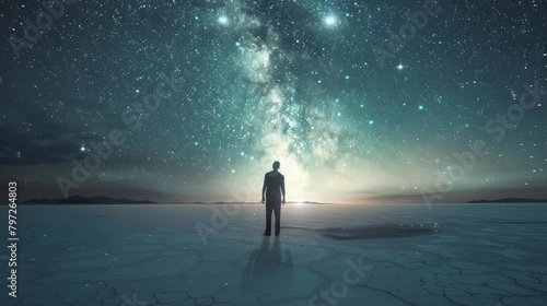 man standing in desert looking at heavens bright light in dark sky conceptual photograph