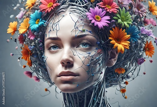 concept of nature into AI, flowers and plants on the head of an AI, nature friendly AI