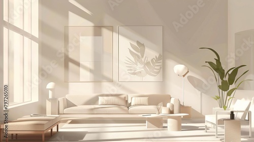 minimalist scandinavian living room interior with modern furniture neutral color palette and clean lines architectural design scene digital illustration