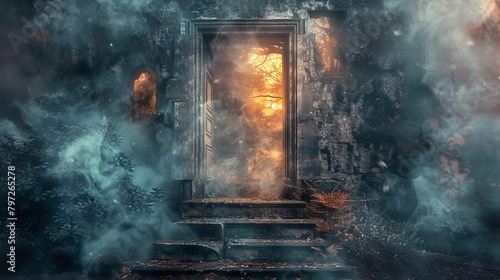 mysterious doors shrouded in ethereal smoke illuminated paths beckoning lifes pivotal choices surreal digital art
