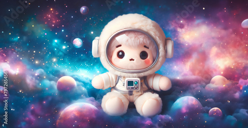 Cute doll wearing a space suit, Galaxy background, stars, planets