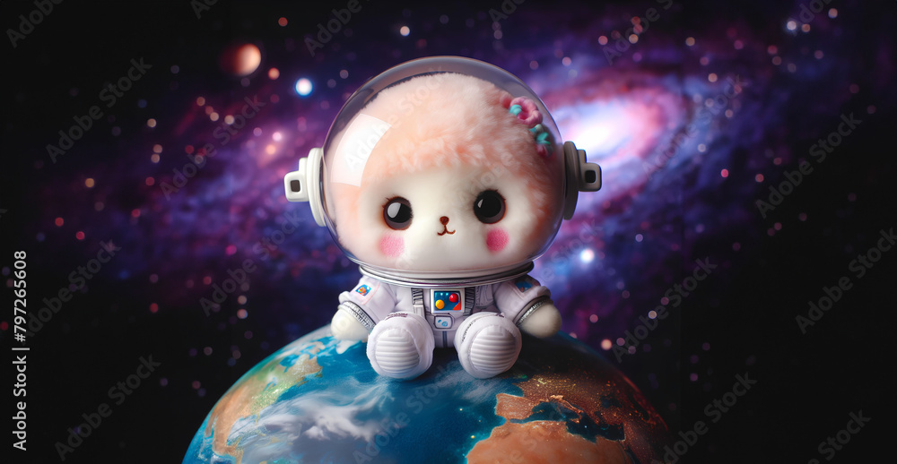 Obraz premium Cute doll wearing a space suit, Galaxy background, stars, planets