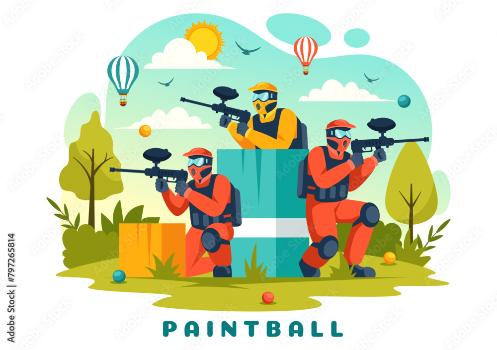Fototapeta premium People Playing Paintball Vector Illustration of Fighter Player Shooting with Gun Shoot, Aim, Attack in Field Scene in Flat Cartoon Background