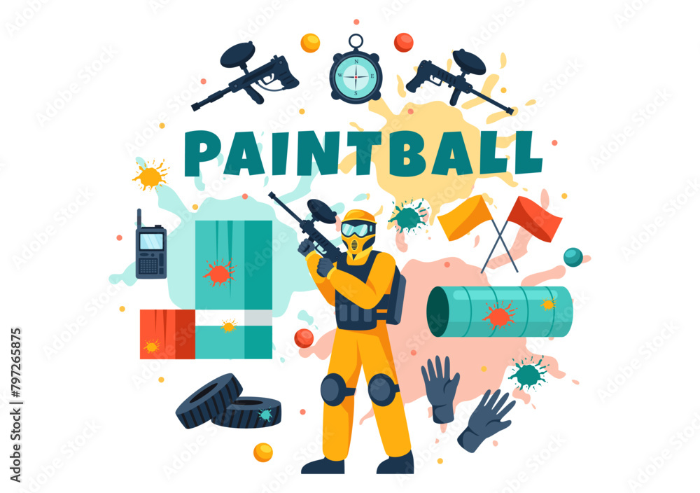 People Playing Paintball Vector Illustration of Fighter Player Shooting with Gun Shoot, Aim, Attack in Field Scene in Flat Cartoon Background