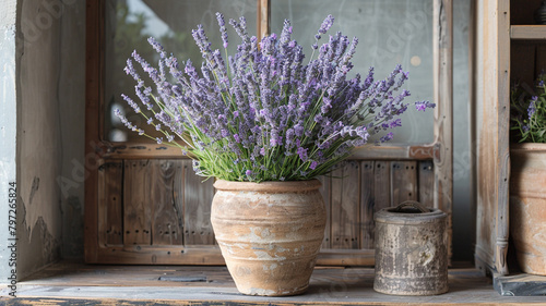 A cluster of lavender sprigs arranged in a rustic clay vase, emitting a soothing fragrance throughout the room.