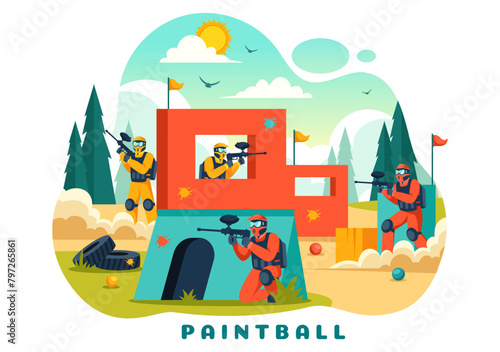 People Playing Paintball Vector Illustration of Fighter Player Shooting with Gun Shoot, Aim, Attack in Field Scene in Flat Cartoon Background