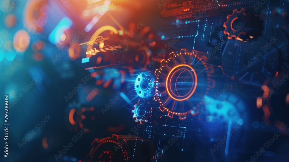 Abstract digital background with gears and hologram engineering. Generate AI image Abstract digital background with gears and hologram engineering. Generate AI image