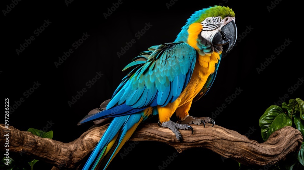 A colorful parrot perched on a wooden branch, with a vivid blue and green plumage, photographed on an isolated white background to accentuate its exotic beauty.