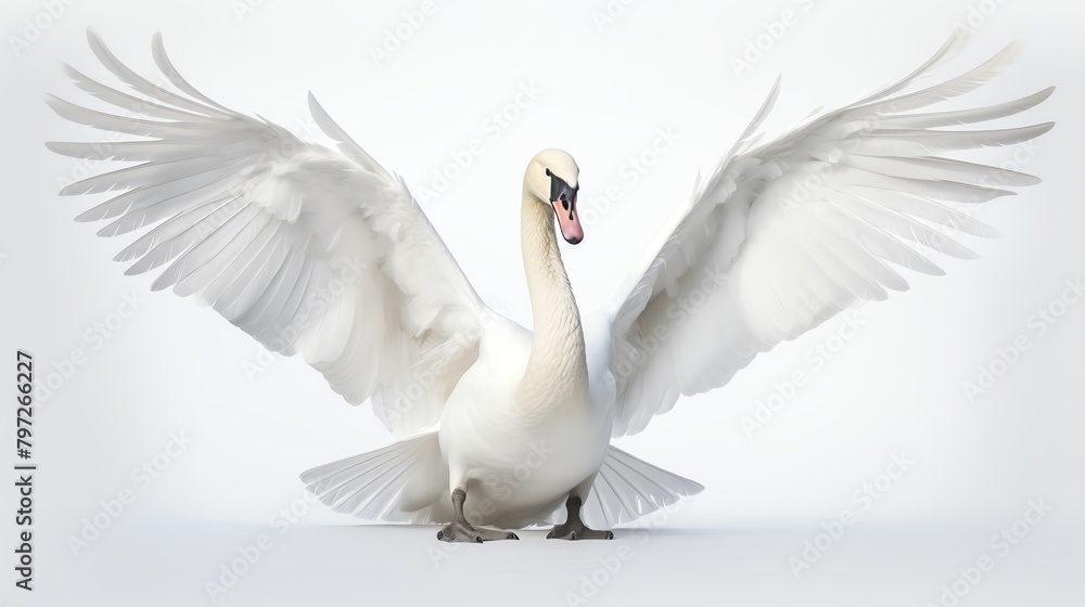 Fototapeta premium A serene white swan with its wings slightly spread, elegantly positioned against an isolated white background, symbolizing grace and tranquility.