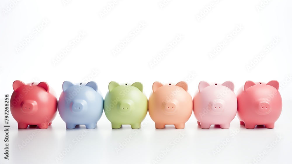 A series of piggy banks in a gradient of colors from light pink to deep red, arranged in ascending order, photographed on an isolated white background, illustrating financial growth and savings accumu A series of piggy banks in a gradient of colors from light pink to deep red, arranged in ascending order, photographed on an isolated white background, illustrating financial growth and savings accumu
