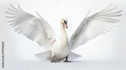 Fototapeta Naklejka Na Ścianę i Meble -  A serene white swan with its wings slightly spread, elegantly positioned against an isolated white background, symbolizing grace and tranquility.