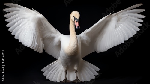A serene white swan with its wings slightly spread, elegantly positioned against an isolated white background, symbolizing grace and tranquility. photo