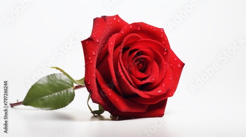 A single red rose with dew on its petals  presented in a minimalist style against an isolated white background  emphasizing romance and beauty.