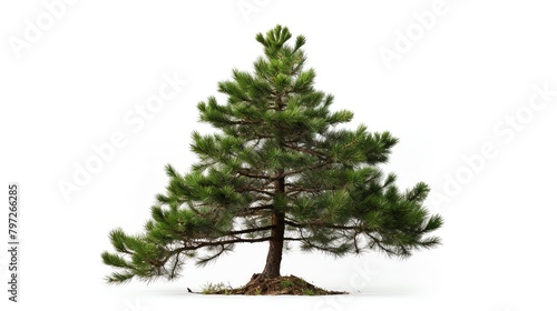 A solitary pine tree with dense needles, set against an isolated white background, highlighting its evergreen quality and suitability for festive themes.