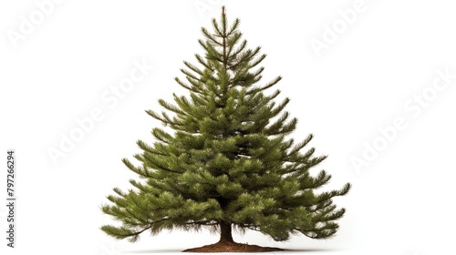 A solitary pine tree with dense needles, set against an isolated white background, highlighting its evergreen quality and suitability for festive themes. © Ps_Studio21