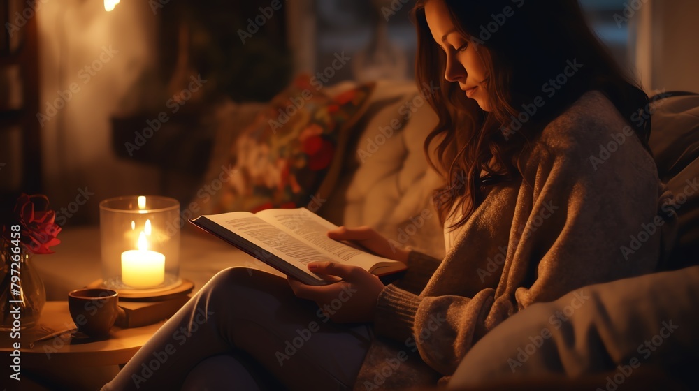 Cinemagraph showing a person reading in a cozy room, with flickering candlelight providing a calm, inviting atmosphere that draws the viewer in. Cinemagraph showing a person reading in a cozy room, with flickering candlelight providing a calm, inviting atmosphere that draws the viewer in.