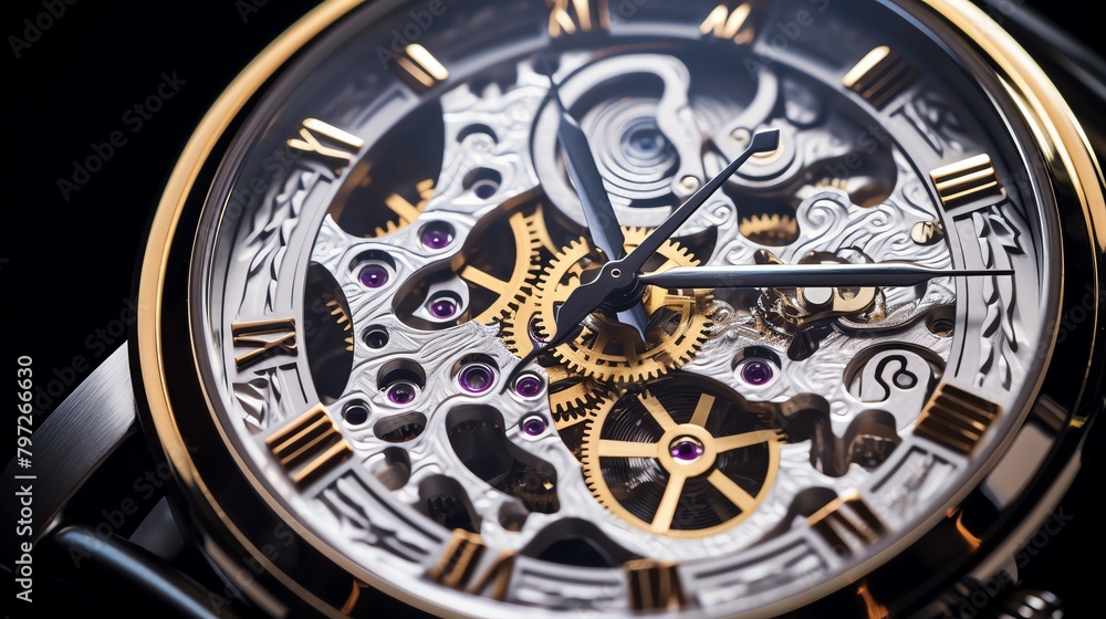 Close-up shot of a mechanical wristwatch with intricate details, positioned on an isolated white background, emphasizing precision and luxury.