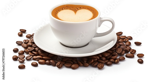 Coffee cup with a heart-shaped foam art, placed on a saucer with a few scattered coffee beans, photographed against an isolated white background, ideal for themes of love and warmth.