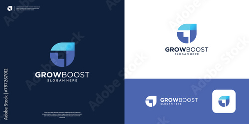 Modern growth logo design overlap. Abstract arrow with gradient blue logo template.