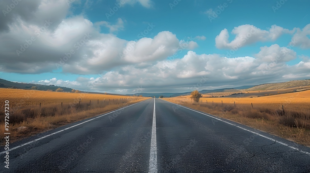 An empty road leading into the distance, with clouds in the sky and fields on both sides. Creating a sense of calmness and focus. An empty road leading into the distance, with clouds in the sky and fields on both sides. Creating a sense of calmness and focus.
