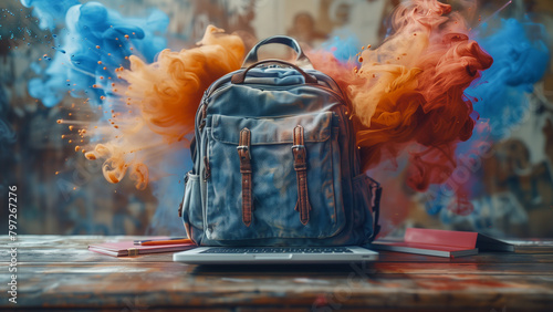 Backpack- Envision a musical scene. The backpack unzips, and musical notes spill out alongside school supplies. The laptop, like a conductor’s baton, orchestrates the harmony of learning