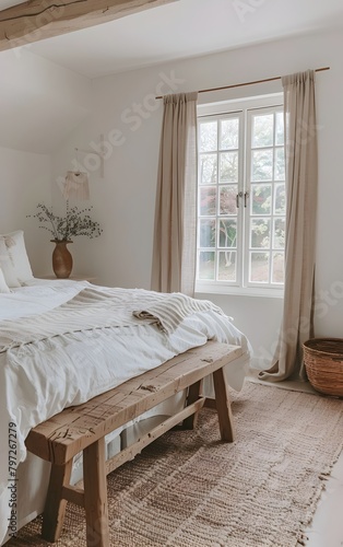 Small bedroom with Scandinavian style  a wooden bench at the foot of the bed  a window in the background  white walls  the window has light brown curtains  cozy  neutral colors