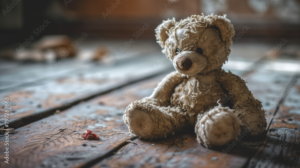 A worn-out teddy bear sits abandoned on a wooden floor, evoking a sense of nostalgia and forgotten childhood.
A worn-out teddy bear sits abandoned on a wooden floor, evoking a sense of nostalgia and forgotten childhood.
