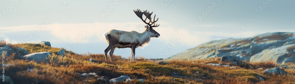 A reindeer standing on a rocky hilltop overlooking a vast mountain landscape. A reindeer standing on a rocky hilltop overlooking a vast mountain landscape.