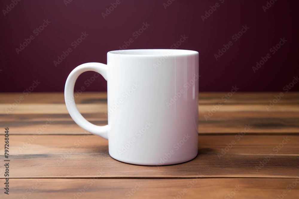 White mug mockup on wooden table with dark maroon background White mug mockup on wooden table with dark maroon background
