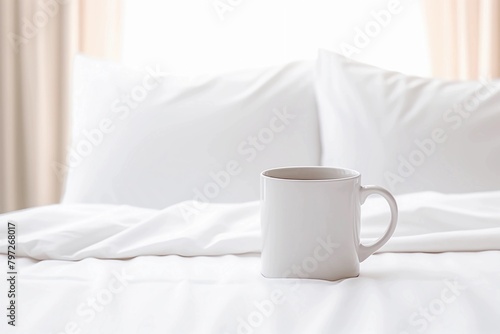 White mug on the bed with white pillows, closeup. The focus is on the coffee cup © Moose