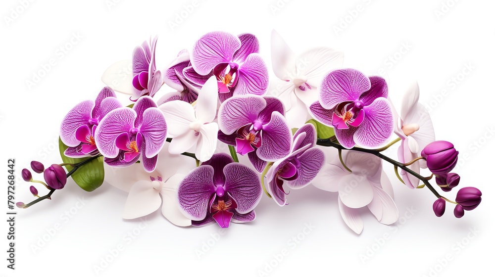 Obraz premium Exotic orchid with vibrant purple and white flowers, elegantly displayed against an isolated white background, ideal for themes of luxury and delicacy.