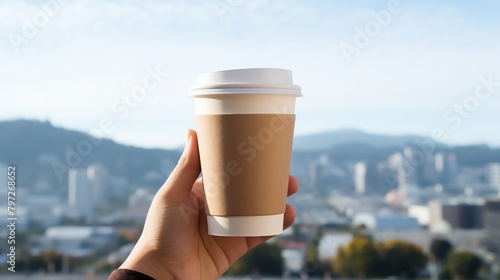 Hand holding a disposable coffee cup with a dynamic cityscape in the background, photographed against an isolated white background, representing urban life and on-the-go lifestyle. photo