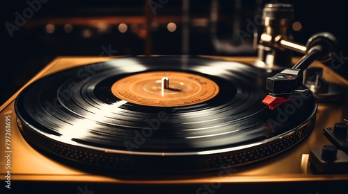 Image of a vinyl record player with a spinning record, showcasing rich, analog textures and evoking the golden era of music.