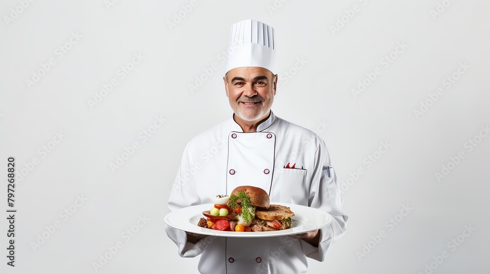 Professional chef in a white uniform presenting a plate of gourmet food, photographed against an isolated white background, emphasizing culinary skills and fine dining. Professional chef in a white uniform presenting a plate of gourmet food, photographed against an isolated white background, emphasizing culinary skills and fine dining.