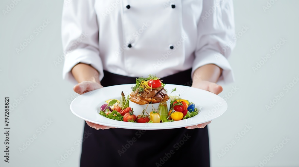 Professional chef in a white uniform presenting a plate of gourmet food, photographed against an isolated white background, emphasizing culinary skills and fine dining. Professional chef in a white uniform presenting a plate of gourmet food, photographed against an isolated white background, emphasizing culinary skills and fine dining.