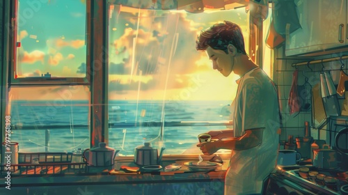 Colorful pencil sketch, happy man boy making coffee, window in background overlooking the ocean photo