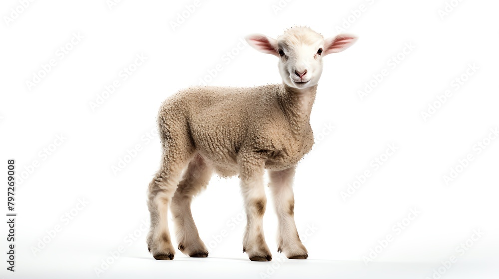 Young lamb standing in a relaxed pose, photographed against an isolated white background, showcasing its innocence and soft wool texture.