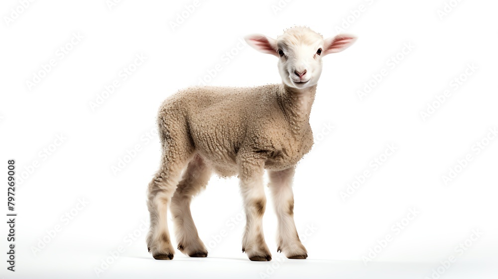 Young lamb standing in a relaxed pose, photographed against an isolated white background, showcasing its innocence and soft wool texture. Young lamb standing in a relaxed pose, photographed against an isolated white background, showcasing its innocence and soft wool texture.