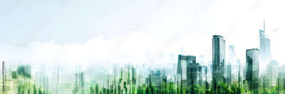 Green city skyline web banner. Green city skyline isolated on urban background with copy space.