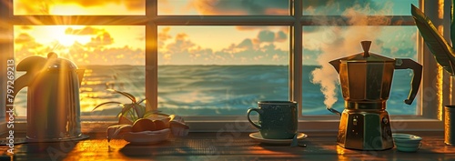 moka pot, in kitchen, steaming coffee mug, overlooking sunrise over the ocean photo