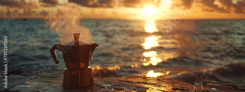 moka pot, steaming coffee mug, sunrise over the ocean photo