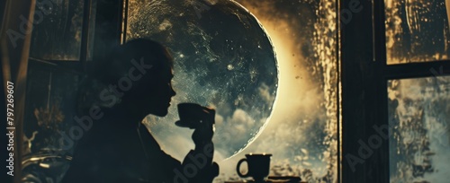 person drinking coffee, half-moon in the the sky photo