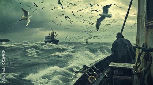 gloucester fisherman on trawler, seagulls above, lighthouse in the distance photo