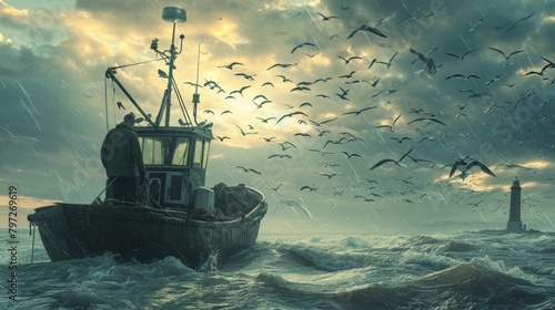 gloucester fisherman on trawler, seagulls above, lighthouse in the distance