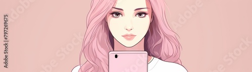 A beautiful girl with pink hair is holding a pink phone.